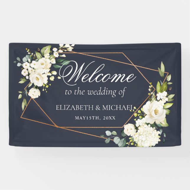 Copper Geometric Blue White Floral Wedding Banner (Horizontal)
