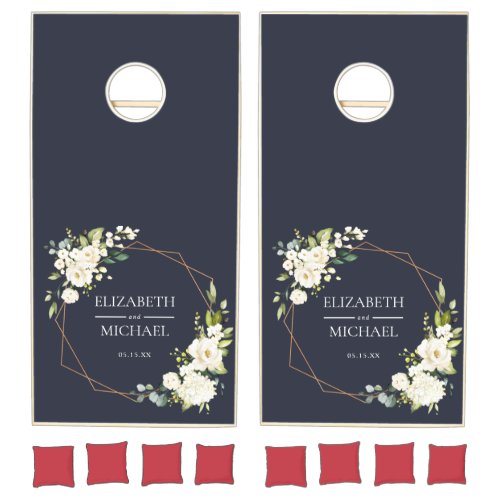 Copper Geometric Blue White Floral Wedding Cornhole Set