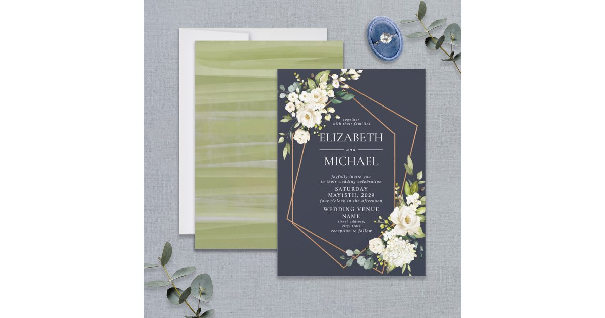 Copper Geometric Blue White Floral Wedding Invitation | Zazzle