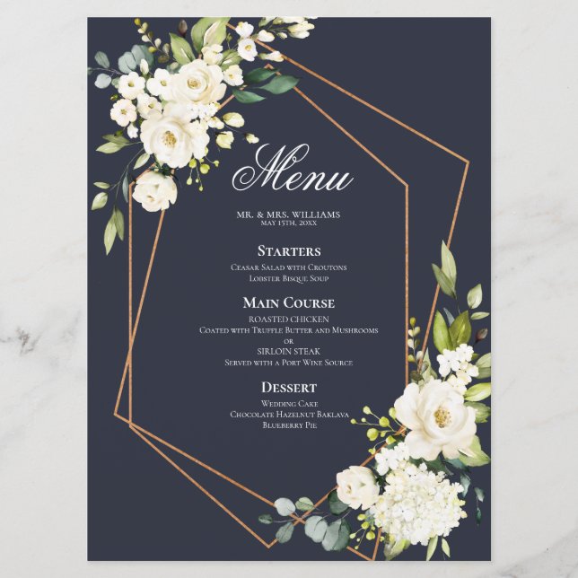 Copper Geometric Blue White Floral Wedding Menu (Front)