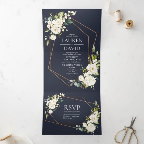 Copper Geometric Blue White Floral Wedding No Meal Tri_Fold Invitation