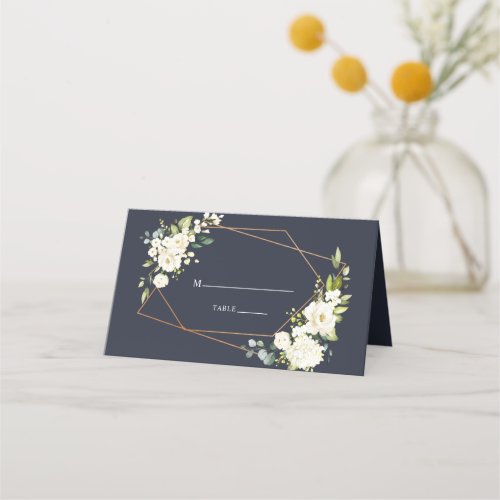 Copper Geometric Blue White Floral Wedding Place Card
