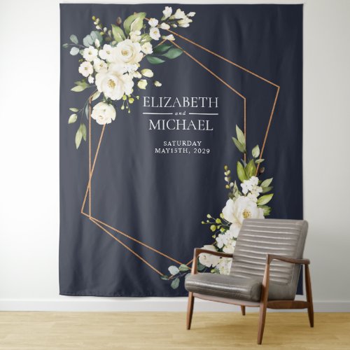 Copper Geometric Blue White Floral  Wedding Tapestry