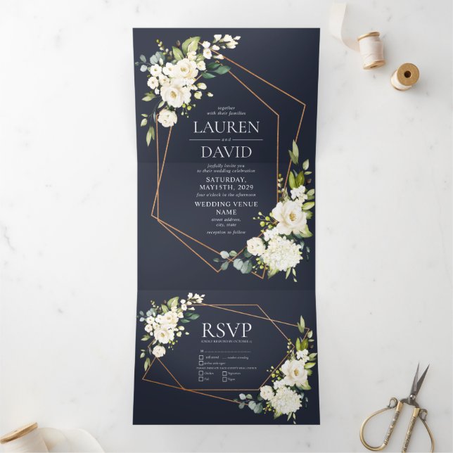 Copper Geometric Blue White Floral  Wedding Tri-Fold Invitation (Inside)