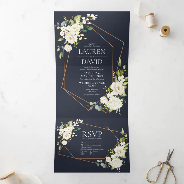 Copper Geometric Blue White Floral Wedding Tri-Fold Invitation | Zazzle