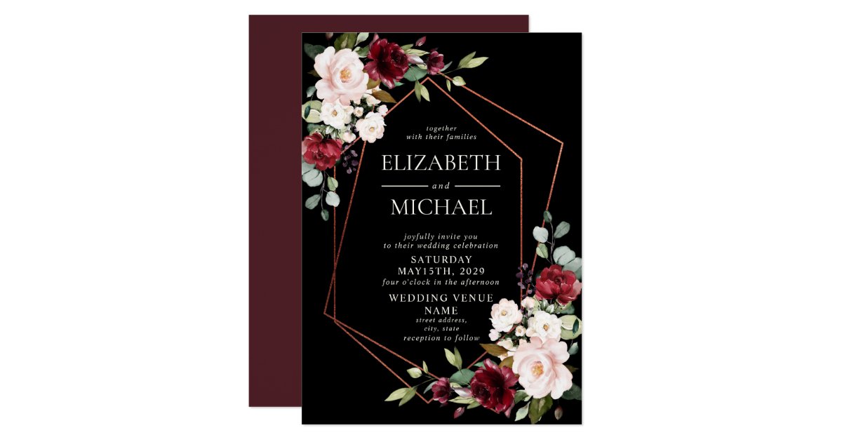 Copper Geometric Burgundy Black Floral Wedding Invitation