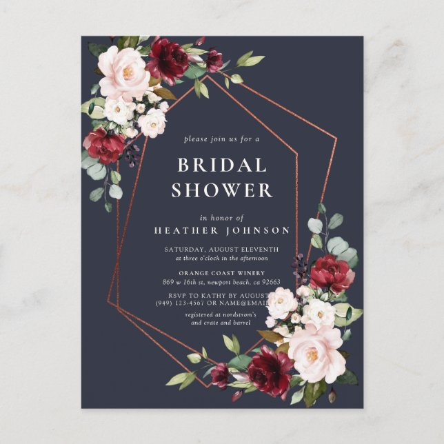Copper Geometric Burgundy Blue Bridal Shower Announcement Postcard (Front)