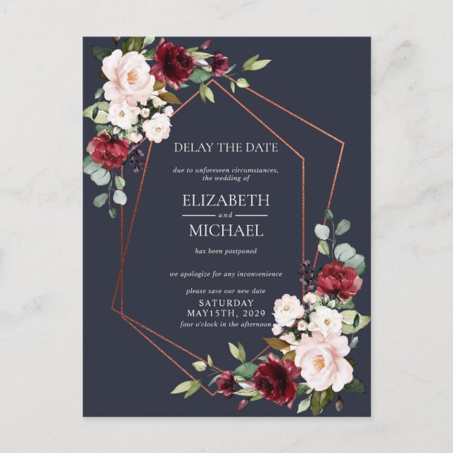 Copper Geometric Burgundy Blue Delay Date Announcement Postcard (Front)