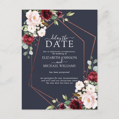 Copper Geometric Burgundy Blue Delay The Date Announcement Postcard