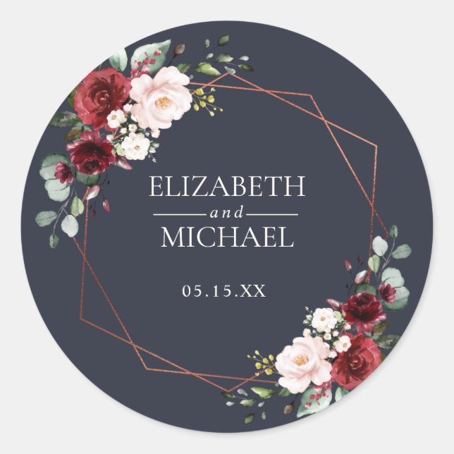 Copper Geometric Burgundy Blue Elegant Wedding Classic Round Sticker (Front)