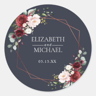 Copper Geometric Burgundy Blue Elegant Wedding Classic Round Sticker