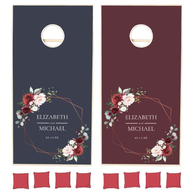 Copper Geometric Burgundy Blue Elegant Wedding Cornhole Set (Set)