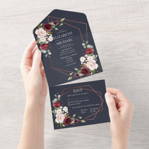 Copper Geometric Burgundy Blue Floral  Wedding All In One Invitation