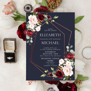 Copper Geometric Burgundy Blue Floral  Wedding Invitation