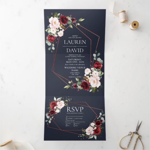 Copper Geometric Burgundy Blue Floral  Wedding Tri_Fold Invitation