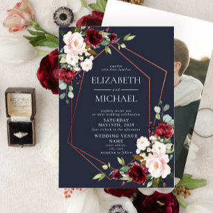 Copper Geometric Burgundy Blue Photo Wedding Invitation