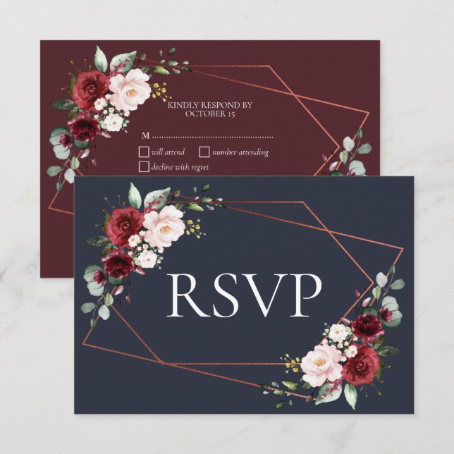 Copper Geometric Burgundy Blue RSVP Card (Front/Back)