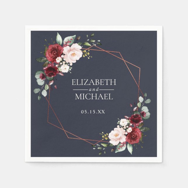 Copper Geometric Burgundy Blue Wedding Napkin (Front)