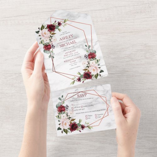 Copper Geometric Burgundy  Blush Floral Wedding All In One Invitation