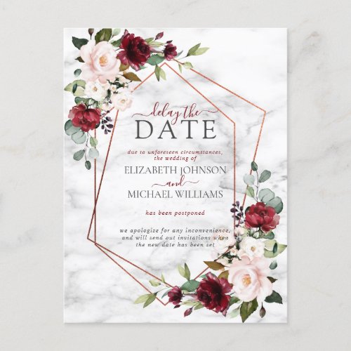 Copper Geometric Burgundy Marble Delay The Date Announcement Postcard