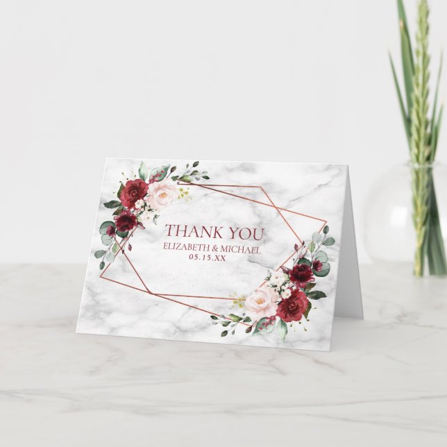 Copper Geometric Burgundy Marble Photo Wedding Card (Front)