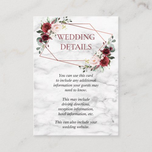 Copper Geometric Burgundy Marble Wedding Details Enclosure Card