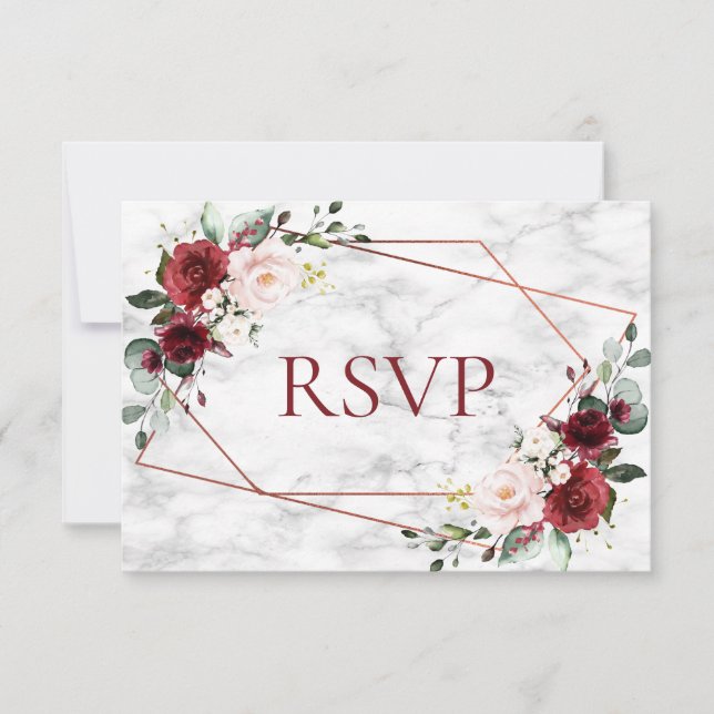 Copper Geometric Burgundy Marble Wedding RSVP (Front)