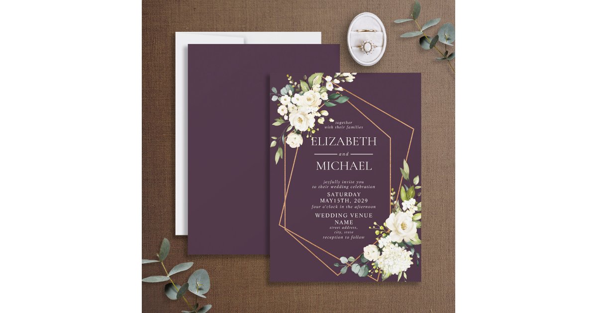 Copper Geometric Burgundy White Floral Wedding Invitation | Zazzle