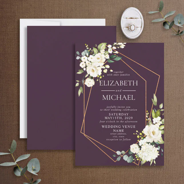 Copper Geometric Burgundy White Floral Wedding Invitation | Zazzle