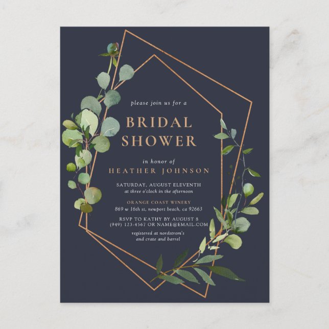 Copper Geometric Eucalyptus Blue Bridal Shower  Announcement Postcard (Front)