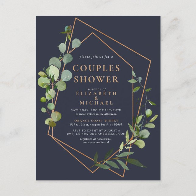 Copper Geometric Eucalyptus Blue Couples Shower Announcement Postcard (Front)