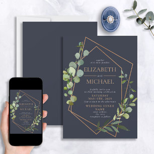Copper Geometric Eucalyptus Blue Elegant Wedding Invitation