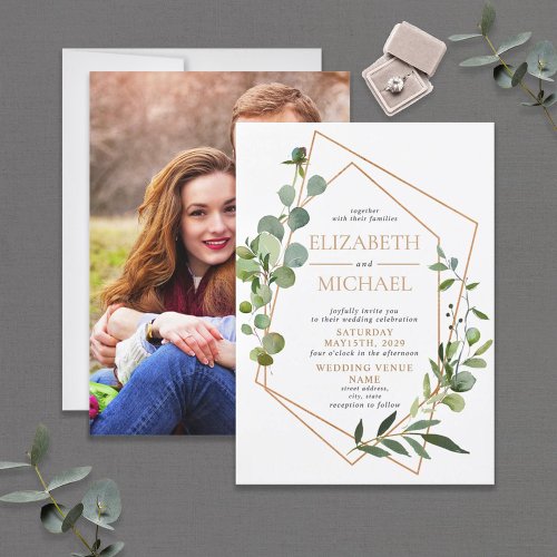 Copper Geometric Eucalyptus Elegant Photo Wedding Invitation