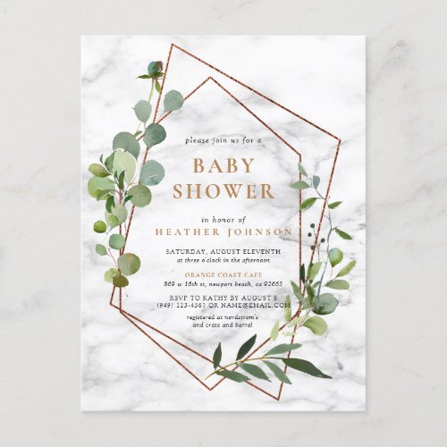 Copper Geometric Eucalyptus Marble Baby Shower Announcement Postcard - Modern and trendy, this bridal shower postcard invitation design features a faux copper geometric embellished with watercolor eucalyptus greenery, over a faux white marble bark texture. Perfect for modern moms-to-be! Copyright Elegant Invites. All rights reserved.