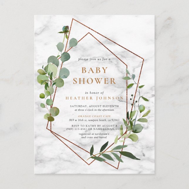 Copper Geometric Eucalyptus Marble Baby Shower Announcement Postcard (Front)