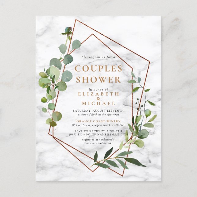 Copper Geometric Eucalyptus Marble Couples Shower Announcement Postcard (Front)