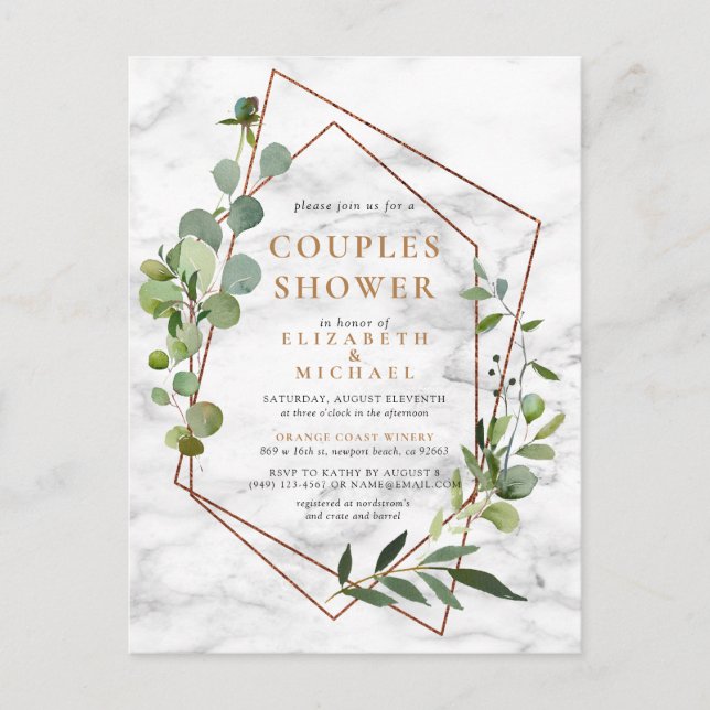Copper Geometric Eucalyptus Marble Couples Shower Announcement Postcard (Front)