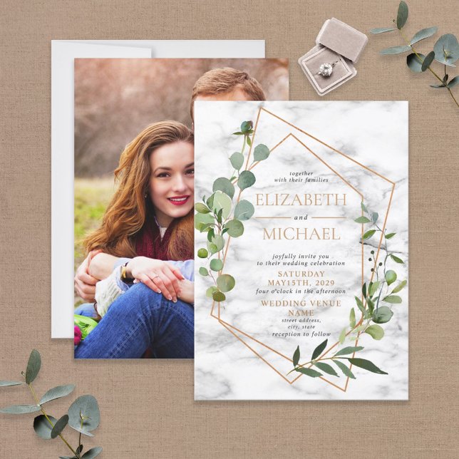 Copper Geometric Eucalyptus Marble Elegant Photo Invitation (Creator Uploaded)