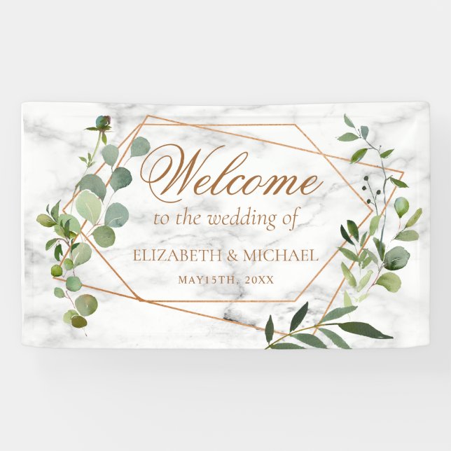 Copper Geometric Eucalyptus Marble Elegant Wedding Banner (Horizontal)