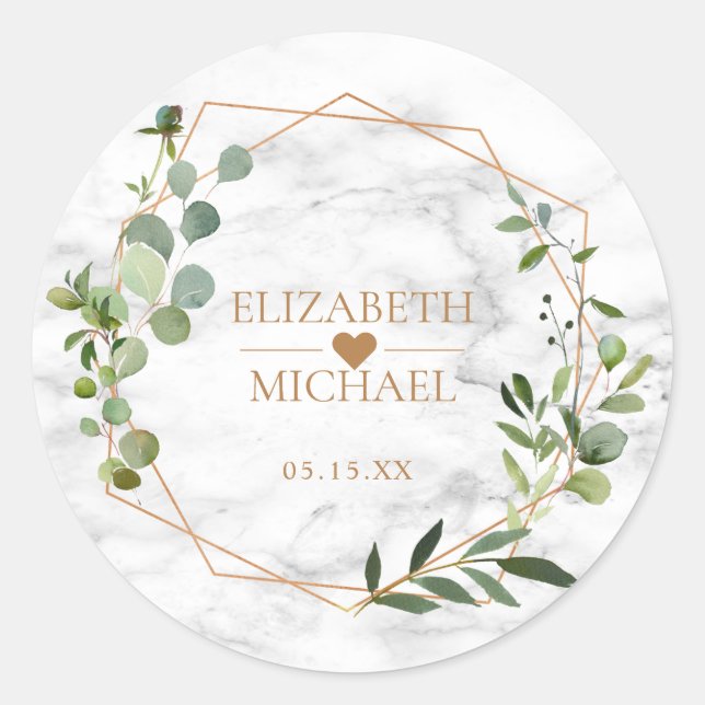 Copper Geometric Eucalyptus Marble Elegant Wedding Classic Round Sticker (Front)