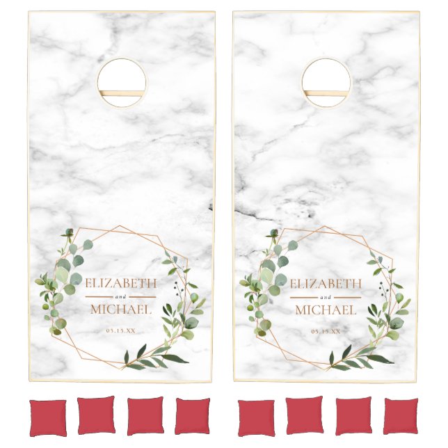 Copper Geometric Eucalyptus Marble Elegant Wedding Cornhole Set (Set)