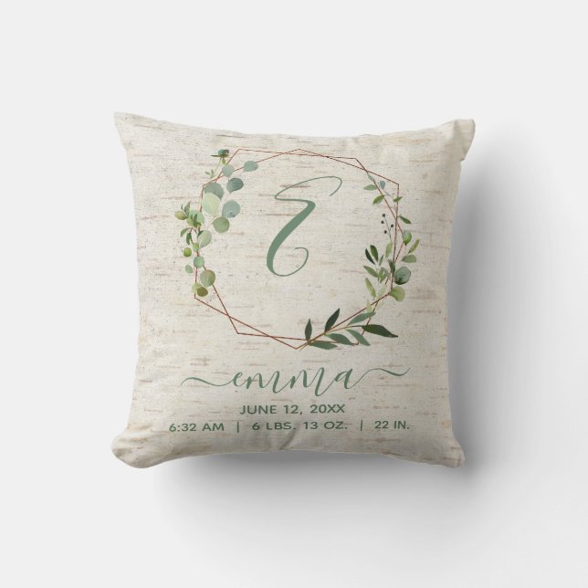 Copper Geometric Greenery Wreath Baby Birth Stats Throw Pillow (Front)
