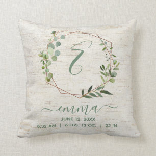 Copper Geometric Greenery Wreath Baby Birth Stats Throw Pillow