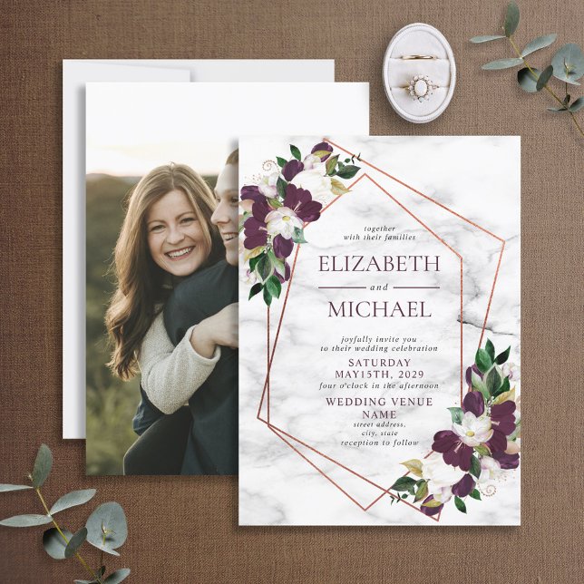 Copper Geometric Marble Burgundy Marsala Photo Invitation (Creator Uploaded)