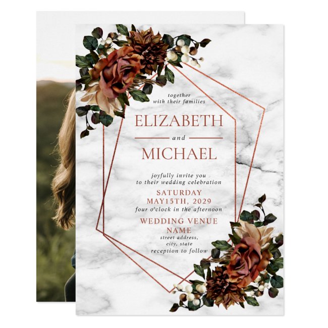 Copper Geometric Marble Dried Floral Wedding Invitation