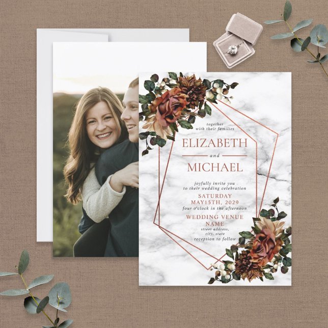 Copper Geometric Marble Dried Floral Wedding Invitation (Creator Uploaded)
