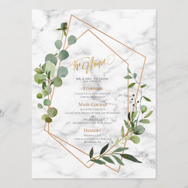 Copper Geometric Marble Eucalyptus Elegant Wedding Menu (Front)