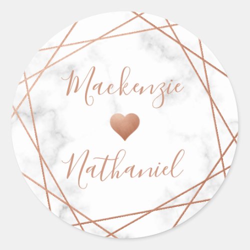 Copper Geometric Marble Heart Custom Names Wedding Classic Round Sticker