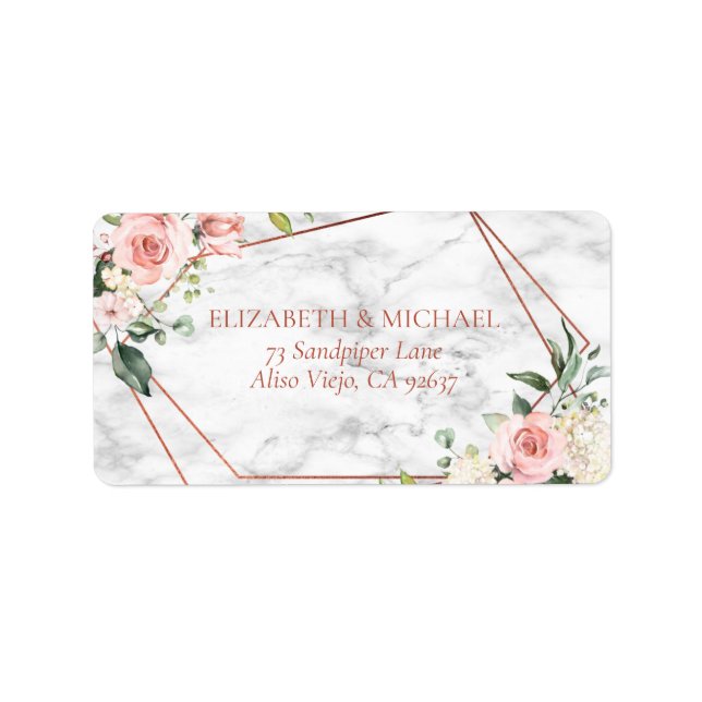 Copper Geometric Marble Pink Floral Address Label (Front)