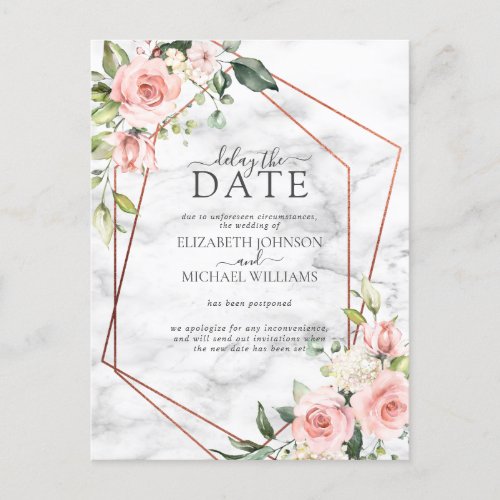 Copper Geometric Marble Pink Floral Delay The Date Announcement Postcard